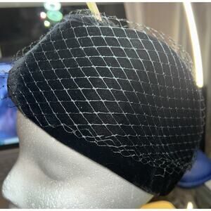 Vintage Black Velvet Pillbox Hat with Birdcage Veil Made 1950s 1960s